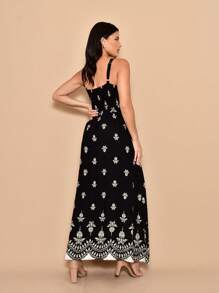 Long Dress With Printed Viscose Lastex Straps On The Back - Black - View 4