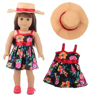 18-Inch Fashion Doll Outfit Set, Includes Floral Print Dress (Black Background With Colorful Floral, Red Satin Trim) And Beige Red Trim Wide Brim Hat. 2 Piece Set, Excludes Doll And Shoes, Suitable As Gift For Girls On Holiday, Birthday, Back To School
