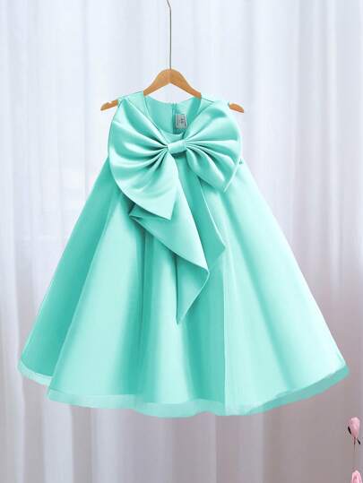 Young Girl Green Bow Decor Tulle Party Graduation Dress, Elegant Princess Gown, Suitable For Girls Birthday Party, Wedding Flower Girl Dress