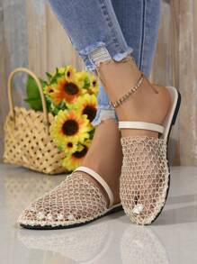 全新欧美风格镂空网眼平底凉鞋，罗马镂空舒适女式沙滩拖鞋 - 米色 - 查看 5