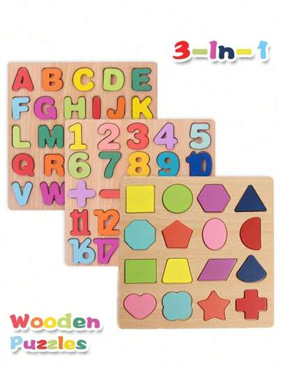 3-In-1 Wooden Puzzles For Toddlers, Wooden Alphabet Number Shape Puzzles Toddler Learning Puzzle Toys For Kids, 3 In 1 Puzzle For Toddlers, Age 3+,Toys,Kids Toys,Wooden Toys