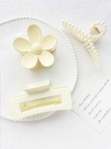 3 stuks witte minimalistische elegante mode hars haar klauw clips set, klassieke 5-bladige bloemen imitatie parel holle vierkante haar accessoires combo, geschikt voor dagelijkse outfit, baden, make-up haarstyling, witte haar clips
