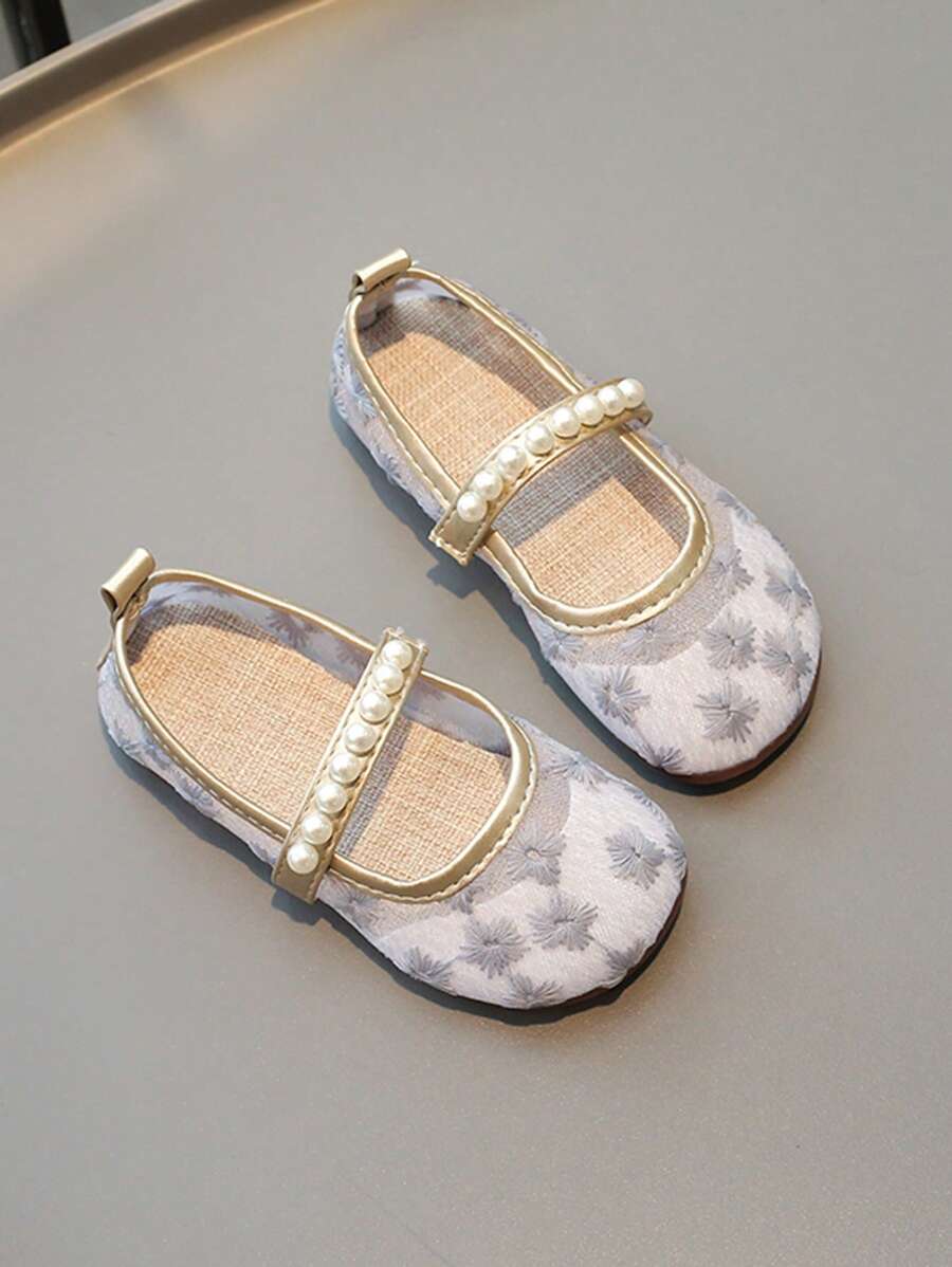 1 Pair Kids Gray Flat Shoes, Girls Pearl Decor Hook And Loop Casual Sandals, Simple Fairy Style For Summer Outdoor Versatile - Grey - View 1