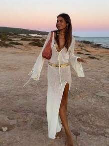 Spring And Summer New Women's Elegant See-Through Long Sleeve Crochet Maxi Long Dress,Dress With A Tie Belt Knit Dress, V - Neck Beach Dress,For Outfits Suitable For Music Festivals,Party,Daily Dressing - White - View 4