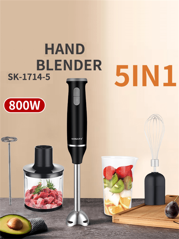 SOKANY Mixer, Standmixer, Stabmixer, Fleischwolf, 5-in-1 Handmixer-Set, Lebensmittelmixer, Babykostmixer, Drehzahlregelung, Eischneebesen, inklusive Multifunktionsstab, Mixer, Schneebesen, Zerkleinerer und Becher, geeignet zum Zubereiten von Babynahrung