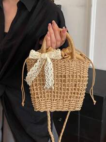 Yogodlns Luxury Designer Lace Bow Straw Weave Women's Handbag Crossbody Bag Small Bucket Tote Summer Beach Bag Casual Hollow Out Weaving Shoulder Bags For Women Small Square Crossbody Bag Purse Female Fashion Handbag Clutch
