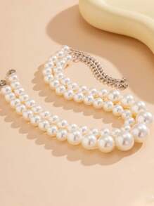 2 Pcs Elegant Multilayer Pearl Beaded Necklace - White - View 5