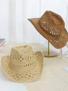 1pc Men's Summer New Hollow-Out Solid Color Straw Hat, Breathable Sun Hat, Outdoor Vacation Hat, Personalized Casual Style Woven Hat, Suitable For Spring & Summer Outdoor, Vacation, Travel
