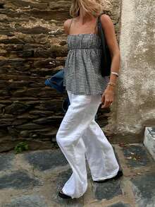 VIVINA 女式简约格子荷叶边下摆吊带背心，度假风格