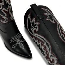 Botas altas de vaquera hasta la rodilla para mujer con punta bordada, tacón ancho y fácil de poner - Botas occidentales retro altas