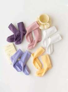 5 Pairs Girls' Solid Color Striped Mid-Calf Socks, Spring/Autumn Candy Color Dopamine Student Socks, Cute Casual Versatile Breathable Athletic Socks