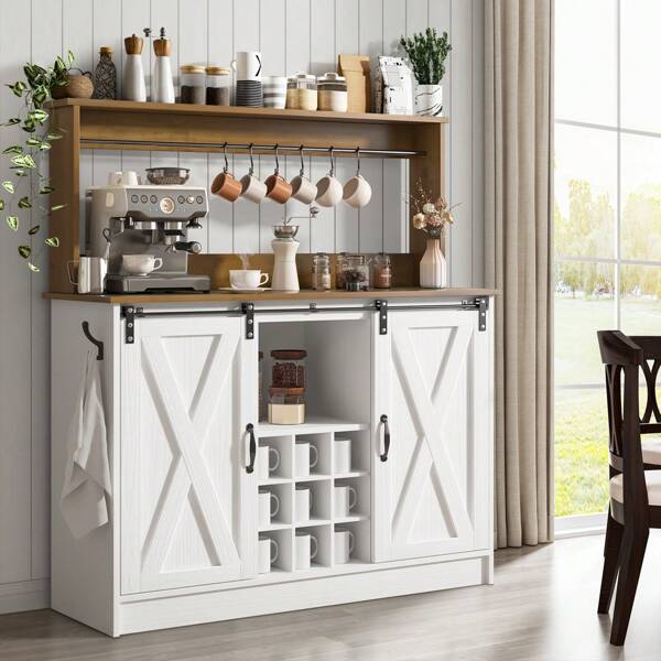 47" Farmhouse Coffee Bar Cabinet With 9 Racks,Wine Bar With 6 Hooks, Sliding Barn Door And Adjustable Shelves,White/Grey/Dark Oak
