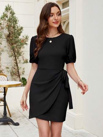 泡泡袖前结裹身连衣裙，简约时尚休闲日常连衣裙，夏季工作服