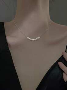 1pc Silver Beaded Round Pearl Pendant Necklace, Gift Box, Classy & Versatile Jewelry For Women, Mother's Day Gift - Necklace - View 3