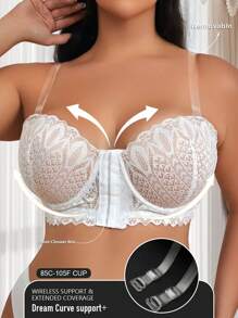 Plus Size Front Closure Lace Patchwork Wireless Bra With Underwire Support, Comfortable Lingerie - White - View 3