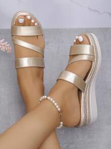 Sandalias de mujer, sandalias de moda de verano para mujer, sandalias doradas, cuña de plataforma gruesa, para uso en interiores y exteriores, chanclas de punta redonda con suela gruesa, calzado femenino