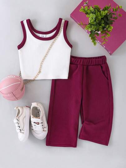 女婴休闲撞色上衣和纯色直筒裤夏季两件套