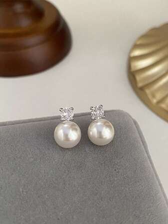 1 Pair Petite Pearl Stud Earrings, Vintage Minimalist Versatile & Elegant Style For Women