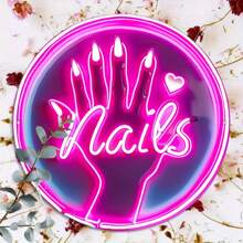 Vivid Neon "Nail" Sign - Circular Aluminum Wall Art With Pink And Purple Glow, Great For Home, Bar, Cafe Decor - Fashionable Tin Art, Perfect Gift For Friends, Family, DIY Lovers, Neon Sign For Wall Decoration, Random Hole Design Gifts Birthday Graduation