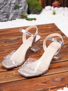 Sandalias de tacón con cristales de moda para adolescentes de vuelta al colegio con lazo y adorno de piedras rhinestone - Plateado - Ver 8