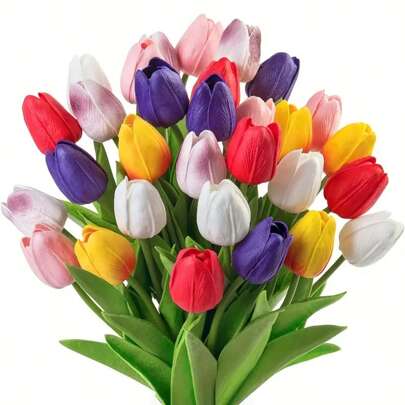 10pcs Artificial Tulip Flower Bouquet, Multicolor PU Tulips Realistic Fake Flowers For Home Decor, Easter, Mother's Day, Valentine's Day, Wedding