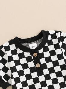 Baby Boys Summer Outfits Checkerboard Buttons Short Sleeve Romper And Shorts 2Pcs Clothes Set -  Checkerboard Design Romper With Matching Shorts For Boys - Comfortable And Stylish Summer Clothing Set - Black - View 5
