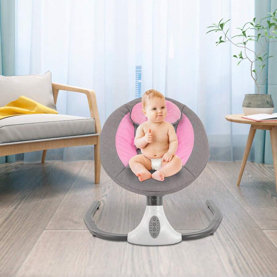 Electric Baby Swing With Lullabies, Remote Control, Adjustable Swing Angles, Belt, Sunshade, Mosquito Net, And USB Charging – For Babies 0-18 Months - Pink - View 1