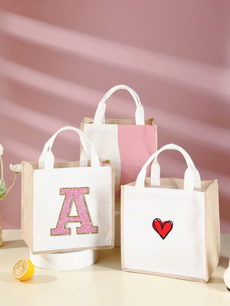 1pc Foldable Handbag With Letter A, Strawberry And Heart Patterns, Large Capacity, Lightweight, Fashion, Personalized Tote Bag, Shoulder Bag, Casual Shopping Bag, Cute Carry-On Essential - Multicolor - View 1
