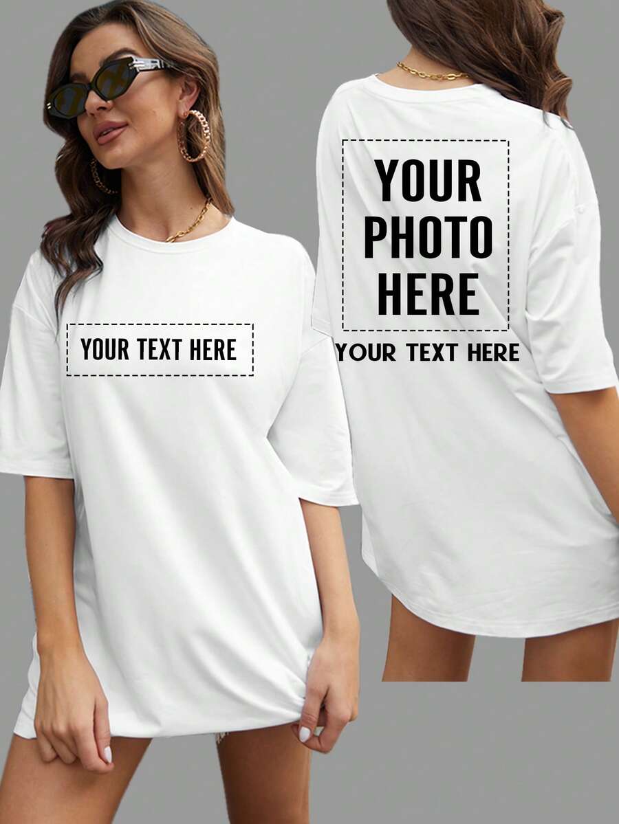 Customized Loose Women Short Sleeve T-Shirt, Personalized With Your Photo Text Name, Custom Ladies White Casual Oversized T-Shirts Summer - White - View 1