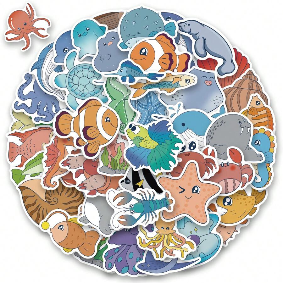 52PCS Marine Life Stickers Vinyl Stickers Scrapbook, Journaling, Laptop, Bumper, Skateboard, Water Bottles, Computer, Phone, Cartoon, Hard Hat, Car Stickers