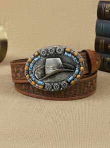 1pc Women Geometric Embossed Cowboy Hat & Bead Decor Oval Buckle Vintage Western Belt For Daily Life Boho Fall, Autumn, Halloween - Bronze - View 10