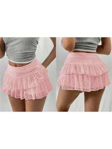Women's Summer Lace Floral Skirt High Rise Tiered Ruffled Flowy Short Mini A Line Skirt Streetwear  Lace Skirts For Women Irregular Side White Ruffle Skirt Y2K Pleated Mini Low Waisted Short Dress Casual Miniskirt - 粉色 - 查看 2