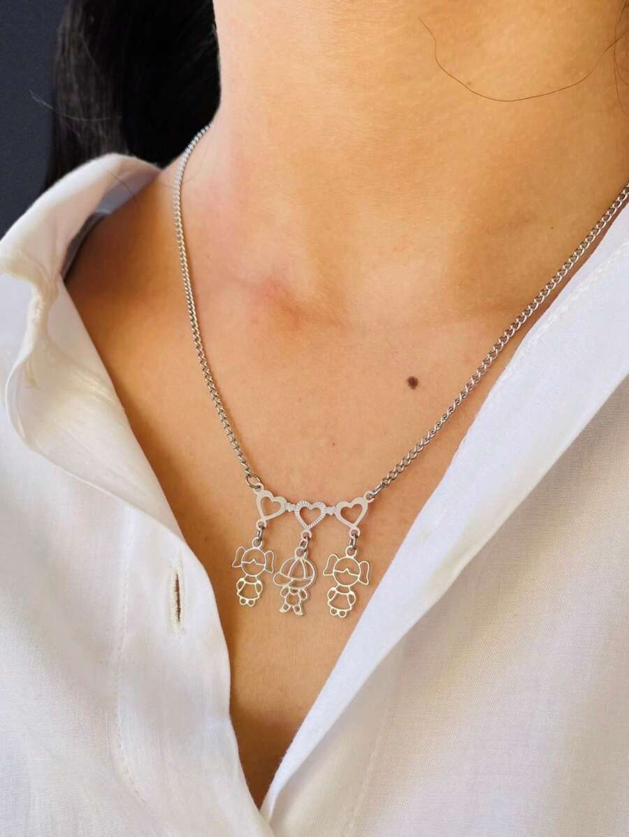 Daughter Girl Pendant Necklace In Stainless Steel Does Not Darken Can Get Wet - 2 女孩 1 男孩 - 查看 1