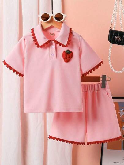 Young Girl Fashion Short Sleeve Polo Collar Outfit, Summer Children 2 Pieces Set With Strawberry Embroidery, Ruffled Hem, Comfortable Shorts, Casual Suit For Summer