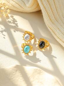 1pc Stainless Steel Ring With Unique Textured White, Black, Blue Natural Stone, Suitable For Women Everyday, Party, Halloween, Valentine's Day, Thanksgiving Gift