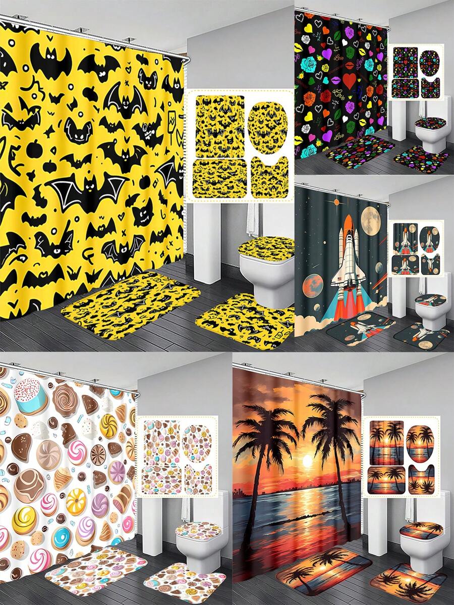 4 pièces Ensemble de rideaux de douche et accessoires de salle de bain avec tapis antidérapants, couvercle de toilette et tapis de bain. Imperméable, séchage rapide, résistant aux moisissures. Décoration de salle de bain avec 12 crochets. Thème chocolat, bonbon, citrouille d'Halloween, cœurs, navette spatiale, coucher de soleil, plage, palmiers pour la maison, l'hôtel, le dortoir