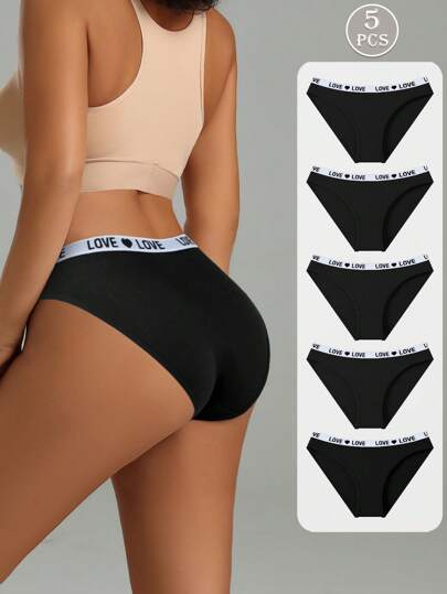 5pcs/Pack Black Cotton Classic Low Rise Letter Jacquard Women Seamless Briefs