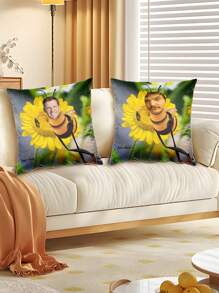 1pc Funny Bee & Flower Print Decorative Pillow Case, Customized Cushion Cover, Gag Gift For Friends, Creative Home Decor