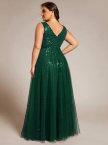 EVERPRETTY Plus Luxurious V Neck Sleeveless Sequin Green Evening Dresses Long Formal Dresses, Party Dress, Gown, For Wedding Guest - Dark Green - View 2