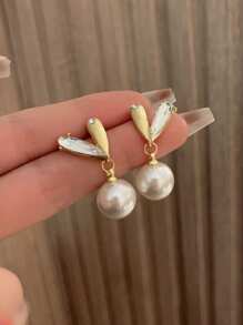 1 Pair Minimalist Cubic Zirconia & Faux Pearl Heart Earrings, Elegant Design Suitable For Women, Daily & Holiday Wear