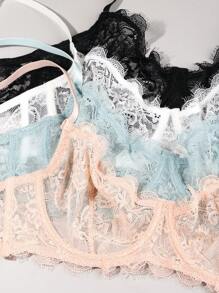 4件套优雅蕾丝文胸套装蕾丝低腰三角裤内衣套装无胸垫无钢圈 - 彩色 - 查看 5