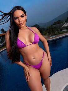Sexy Tanning Ribbon Bikini Set With Adjustable Thin Strap And Suplex Thong Summer Fashion 2025 - 玫瑰紅 - 查看 3