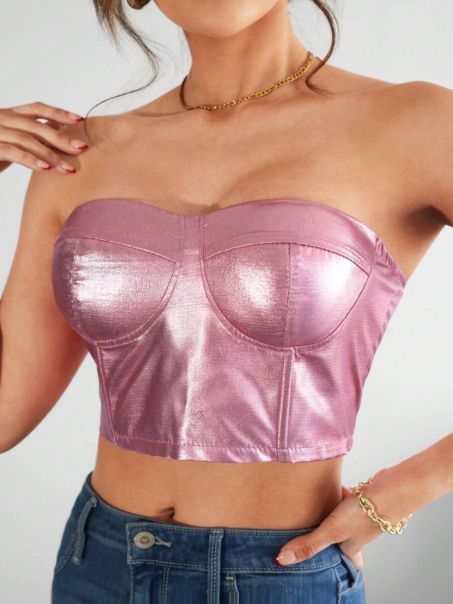Crop top strapless sexy tejido stretch metàlico varilla suave en copa con pinzas ajustable en cintura posterior a tono ideal para salida noche fiesta glam concierto primavera verano calor fresco dama mujer - Rosa - Ver 1