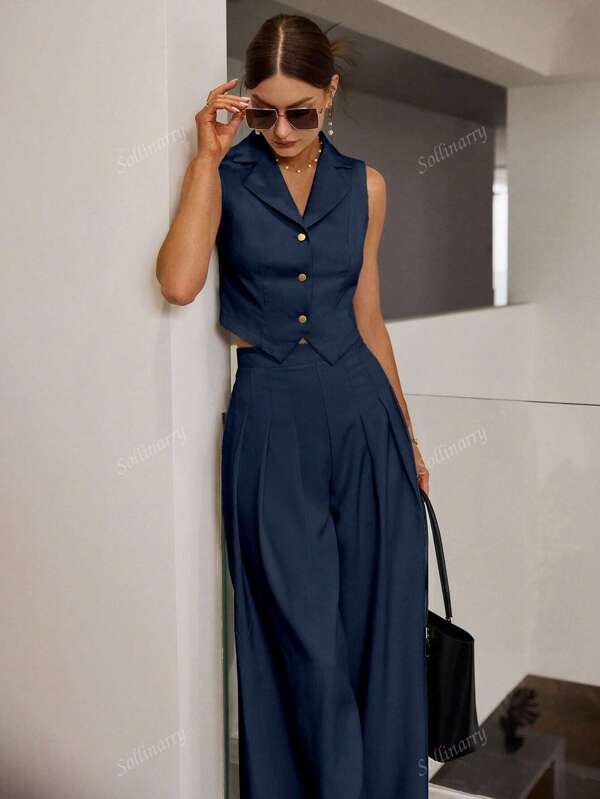 Sollinarry Conjunto de 2 piezas de chaleco y pantalones sueltos plisados de mujer, nuevo estilo de moda para primavera/verano, apropiado para uso occidental, oficina, brunch, festival de música