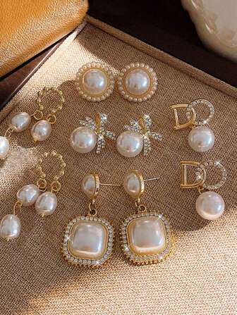 5 件/套时尚简约水钻几何蝴蝶结仿珍珠方形流苏耳钉，适合女性日常和假日佩戴