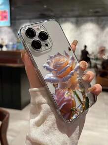 1pc geperforeerde, hoge, transparante, bloemenpatroon, dikke, schokbestendige, geverfde telefoonhoes