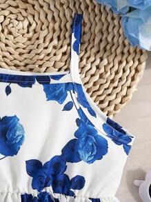 2pcs Baby Girl Casual Floral Print Dress + Hat Set, Summer - Blue - View 4