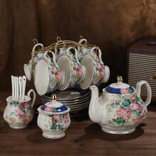 Juego de té de porcelana de 21 piezas con diseño verde y floral de Fanquare, juego de taza y platillo de cerámica vintage para 6, juego de tetera para fiestas de mujeres - Rosa Pálido - Ver 8