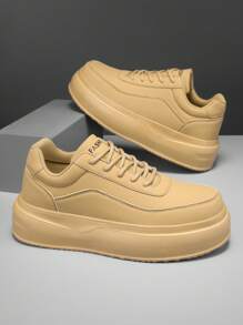 Men's Classic Retro Khaki Color Block Letter Design Comfortable Platform Casual Shoes, Personalized Youth Lace-Up Outdoor Sports Skateboard Sneakers - Khaki - View 3