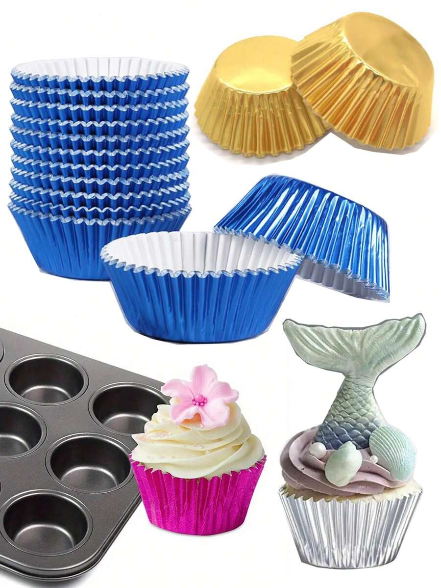 100pcs Blue/Gold/Purple Metallic Foil Cupcake Liners, Baking Cups For Birthday Party, Friend Gathering, Rose Gold Aluminum Foil Cake Cup, Baking Supplies Pastry Baking Tray